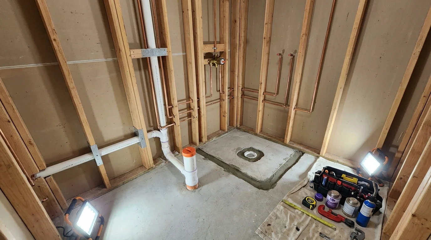 Bathroom rough-in plumbing during remodel by Johns Plumbing LLC in Huntington Station