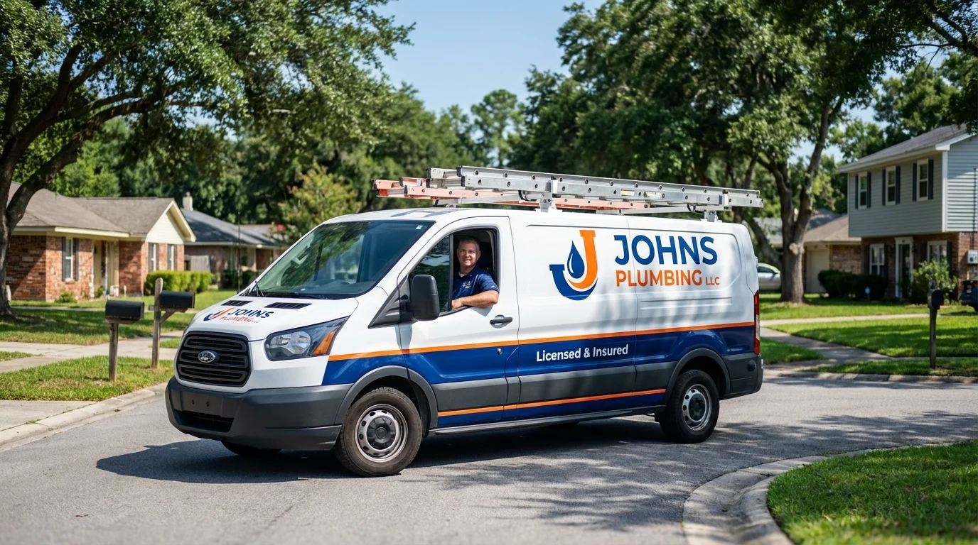 Johns Plumbing LLC service van in Huntington Station, NY