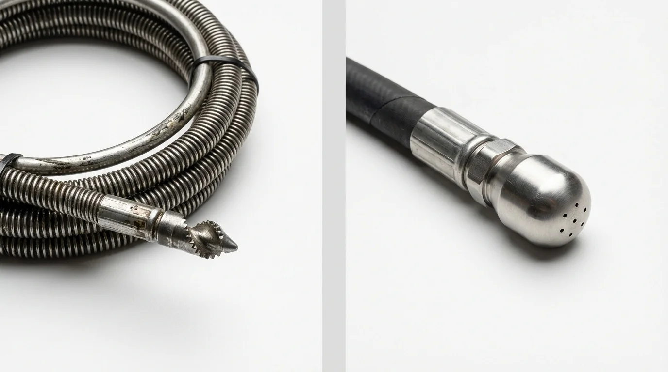 Drain snake cable and hydro jetting nozzle used for drain cleaning in Huntington Station, NY