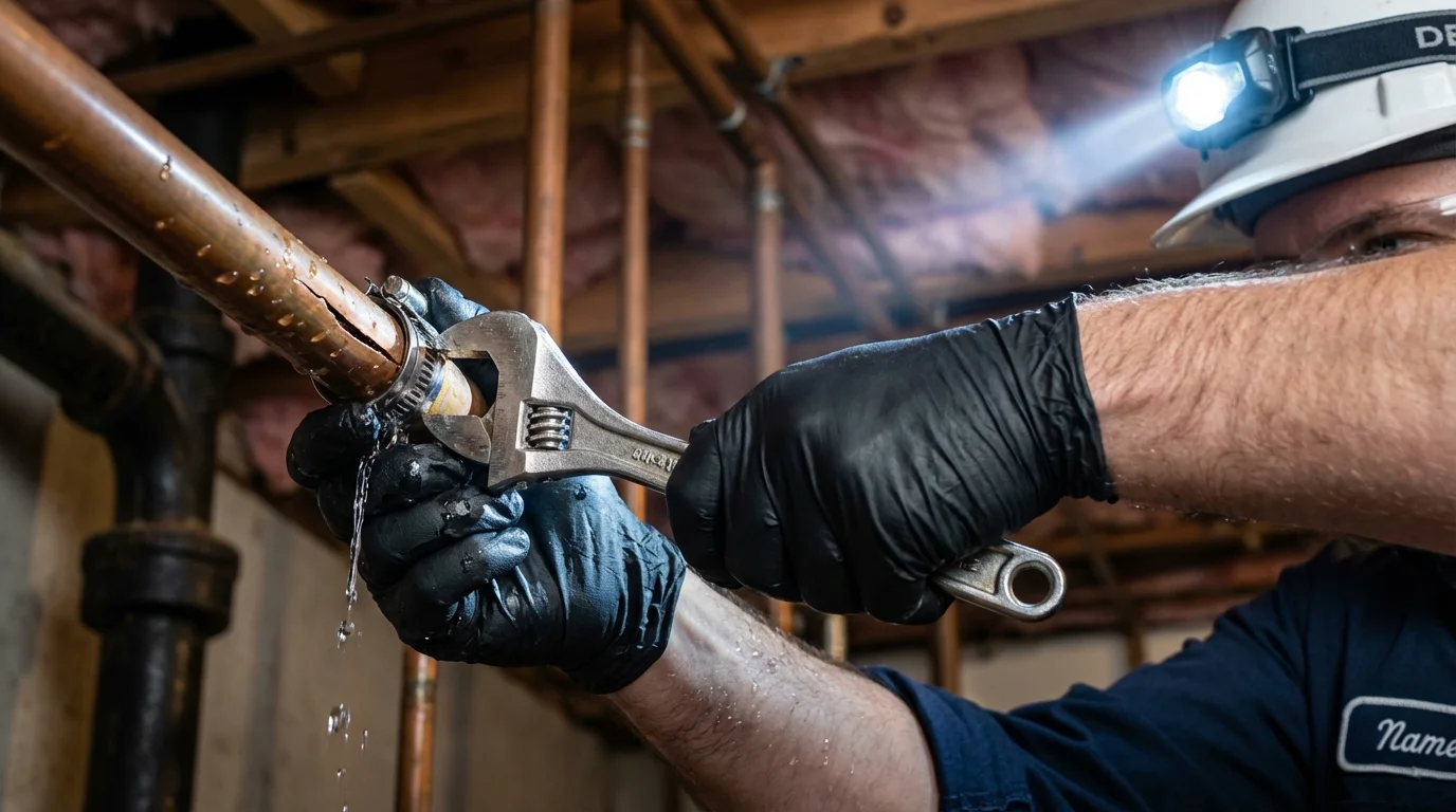Emergency pipe clamp repair being performed by a Johns Plumbing LLC plumber in Huntington Station