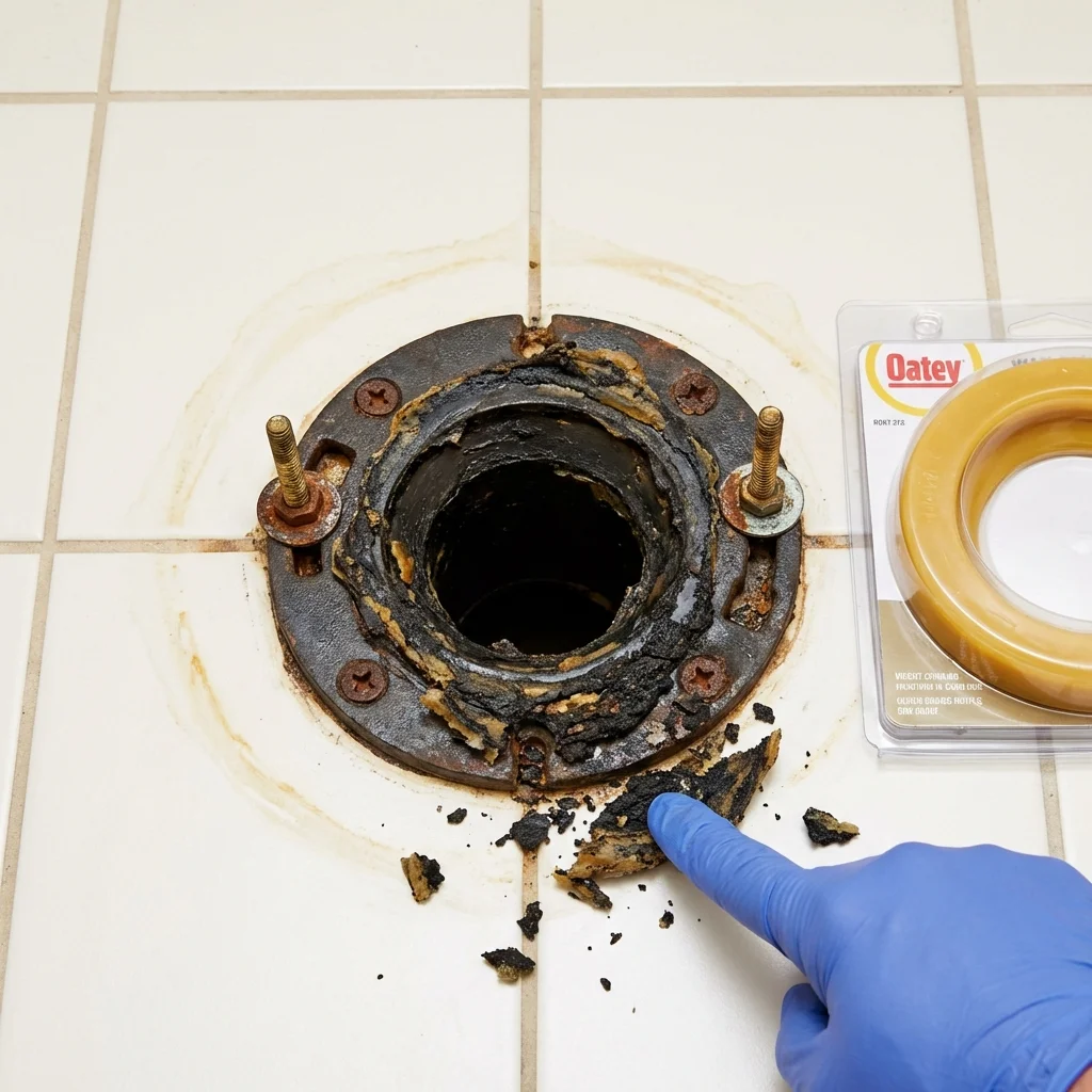 Failed wax ring showing water seepage at the base of a toilet in a Huntington Station, NY home