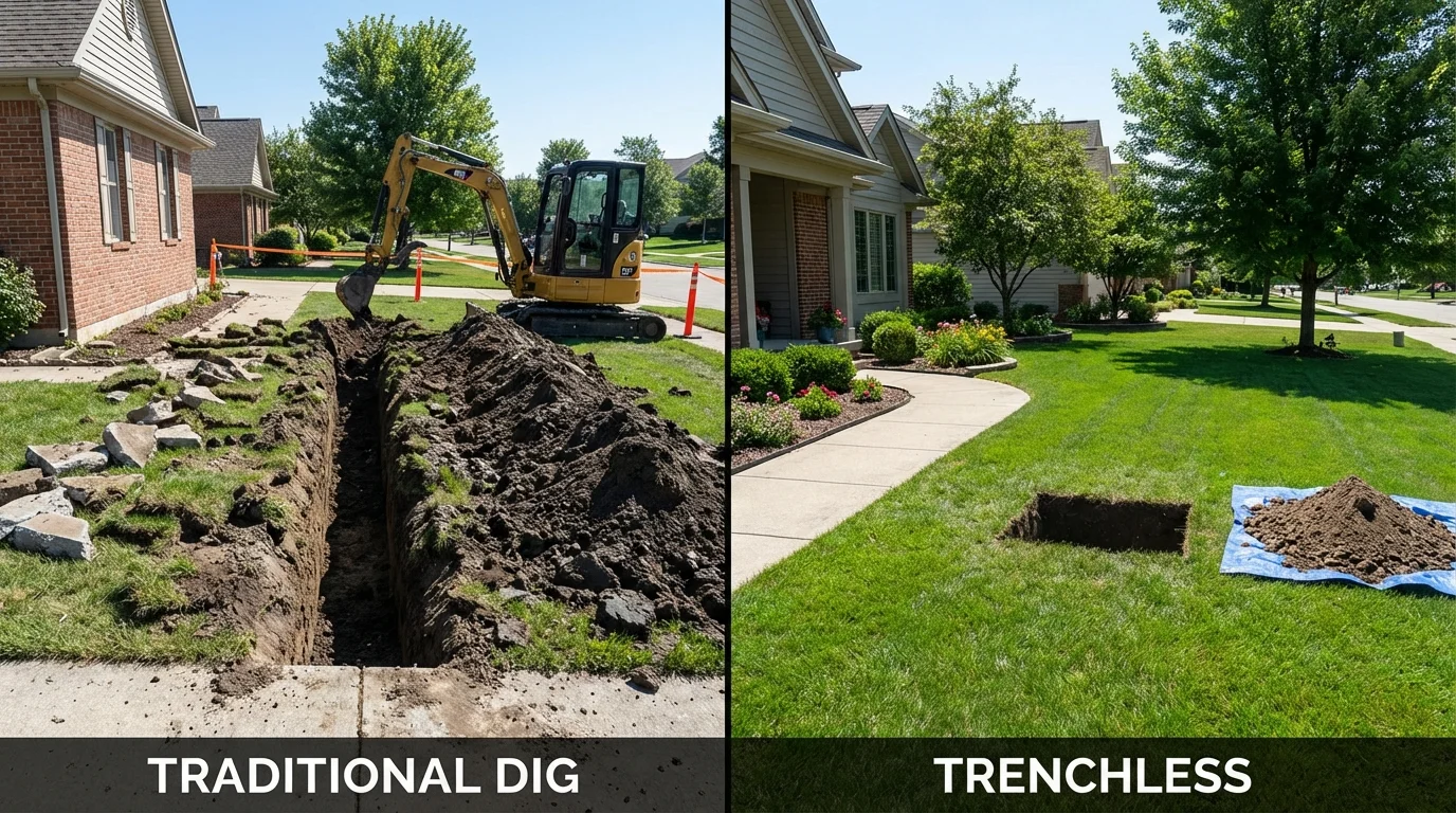 Trenchless sewer repair with minimal yard damage versus traditional excavation in Huntington Station, NY