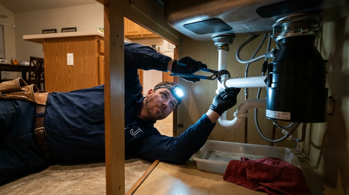 P-trap and supply line connections under a kitchen sink showing a common leak point in Huntington Station, NY